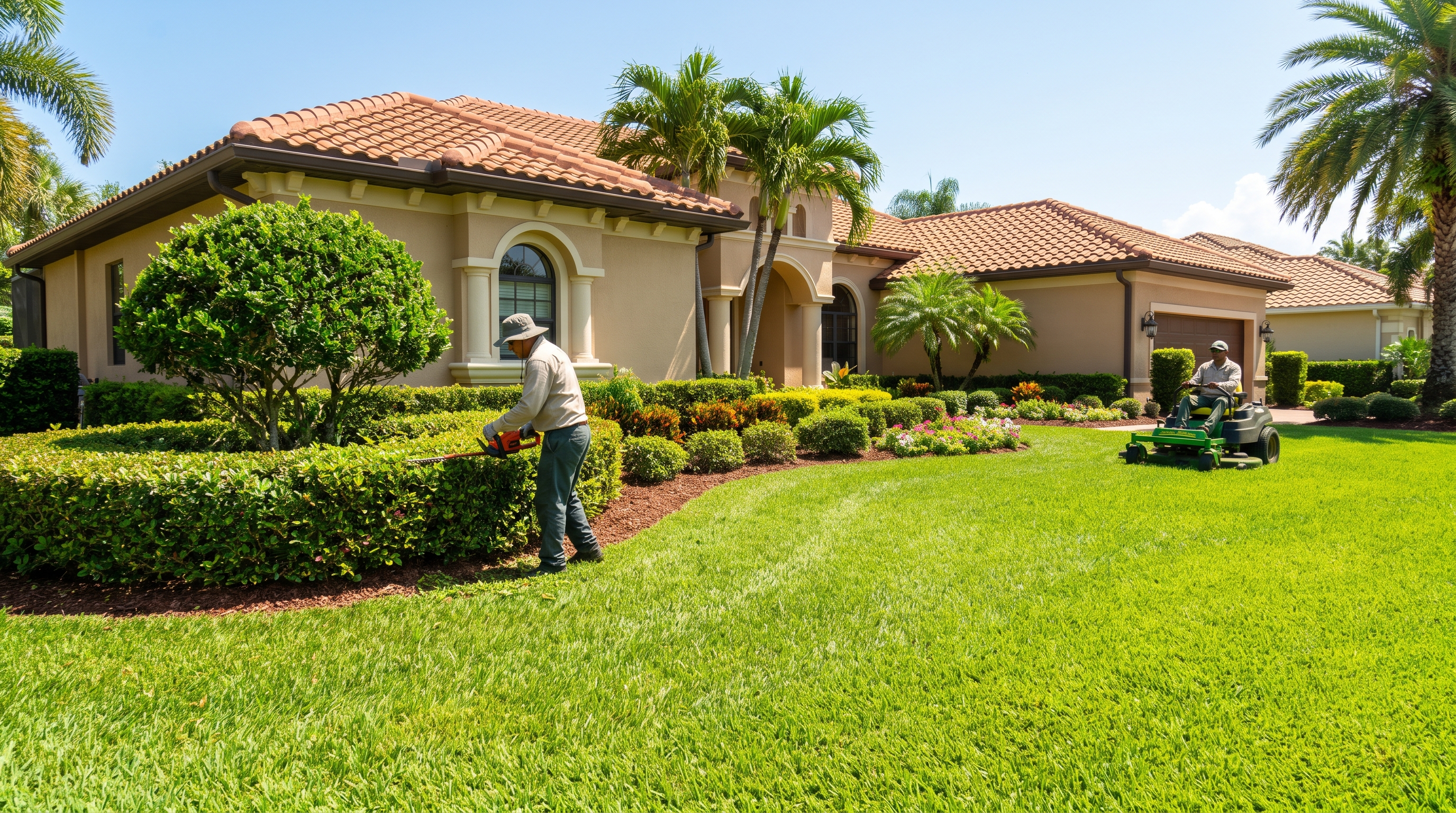 Landscaping crew member trimming hedges on a well-maintained Florida lawn